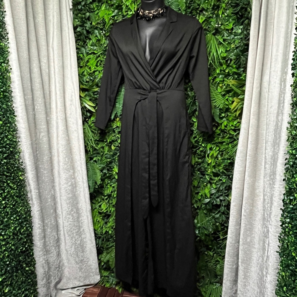 Blue B Jumpsuit Large Black Long Sleeve Wrap Style Wide Leg  4195